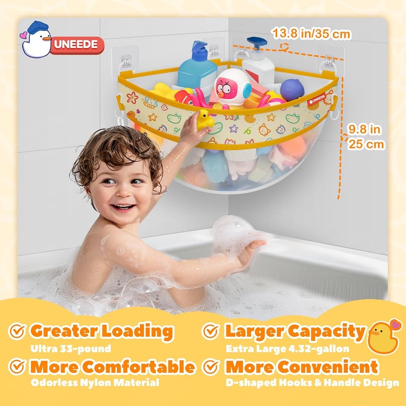 UNEEDE 4.32 Gallons Duck Print Corner Mounted Bath Toy Storage Holder, Yellow Mesh Shower Caddy for Bathtub Organizer, Quick Dry Holder - Image 4